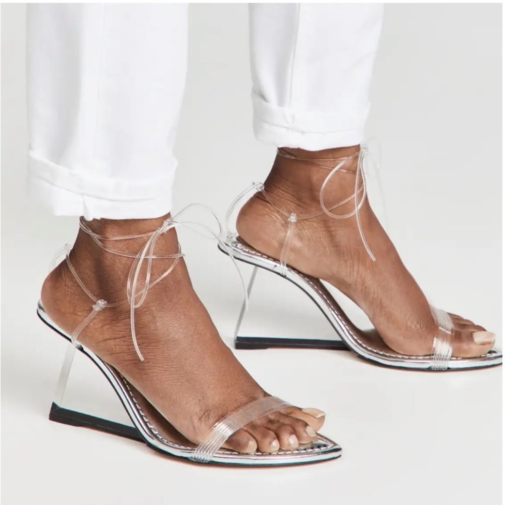 Good American Cinder-01 Silver Metallic Clear Wedge Ankle Tie Sandals GA080V-X 8